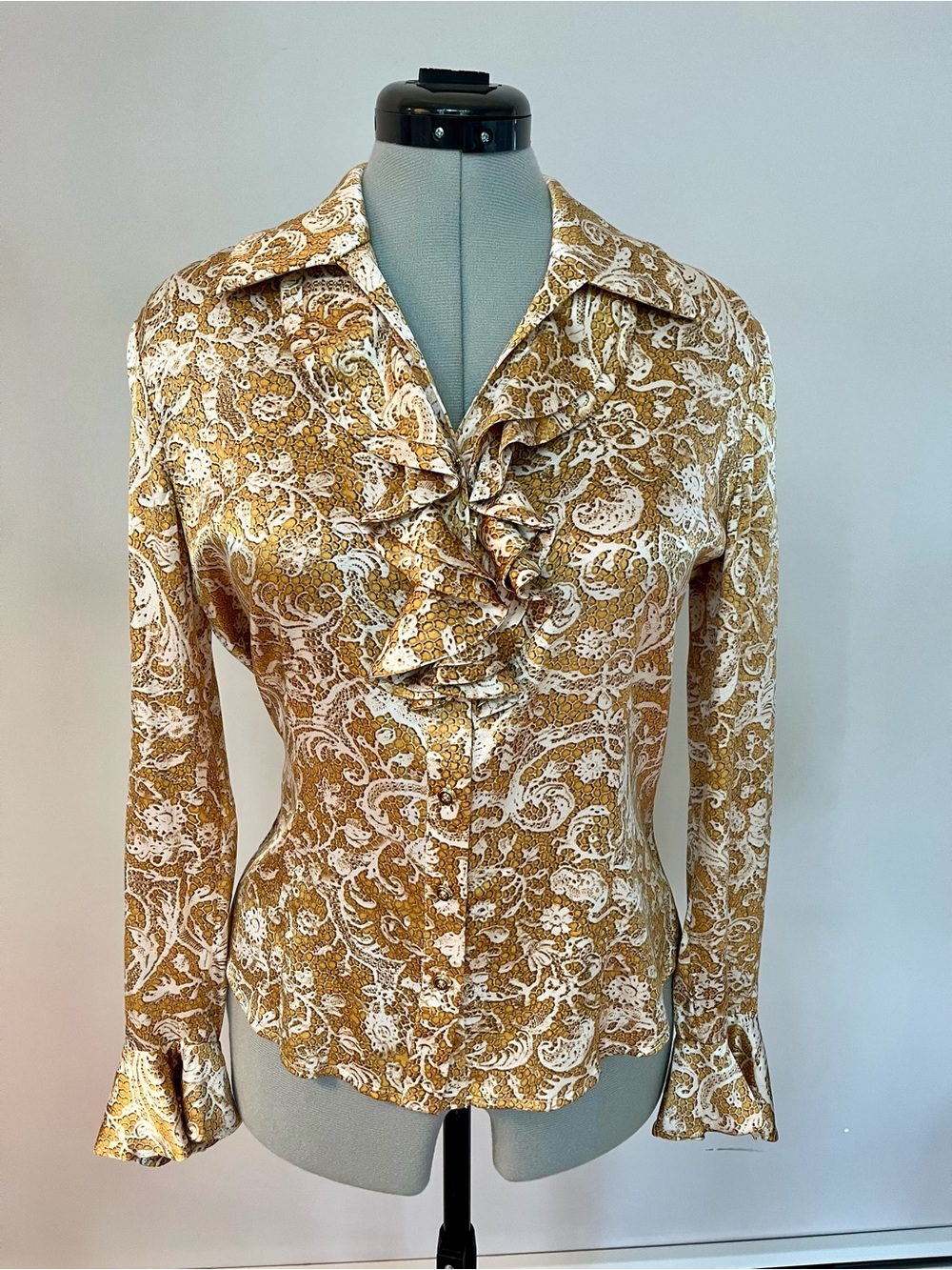 St. John Gold Paisley Ruffle Silk Blouse